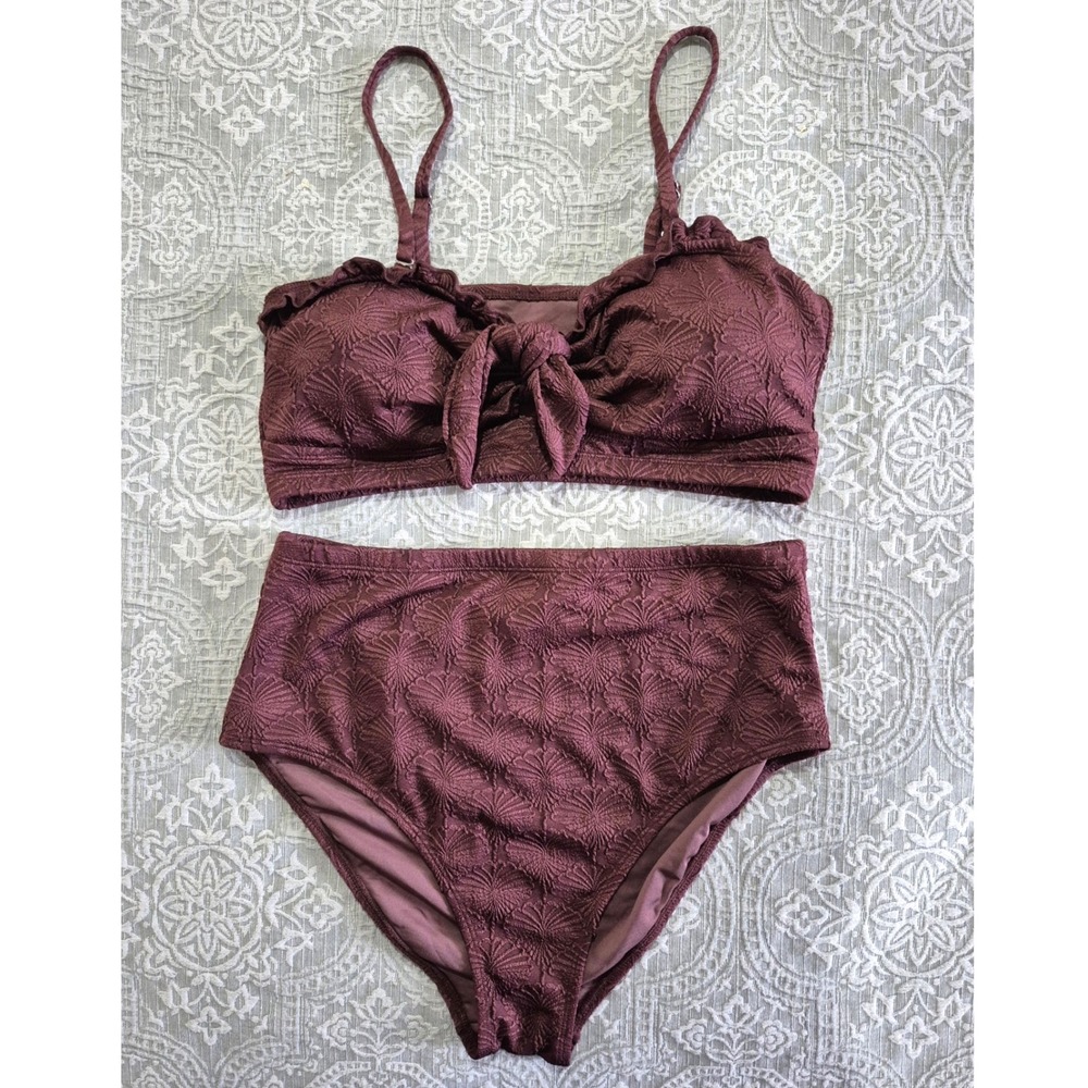 Womens Brown Textured Floral High Waisted Bikini Set Size XL